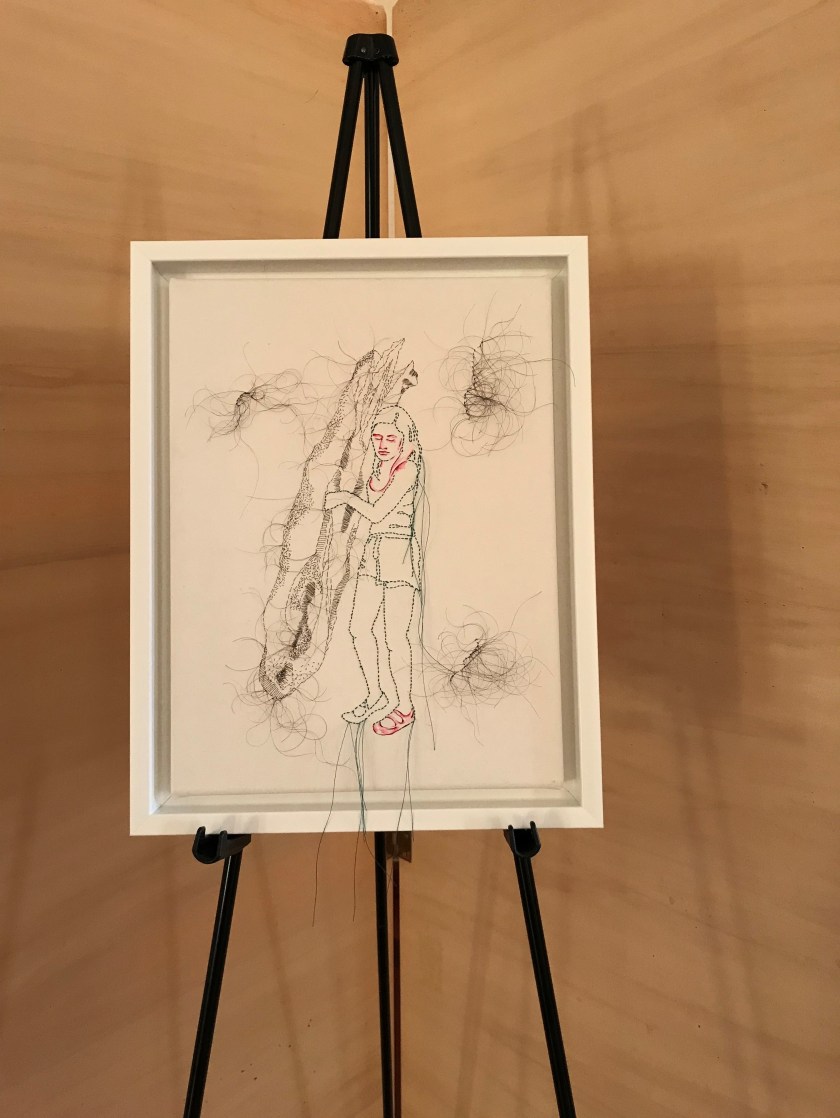 ES1, Hand-sewn Human Hair, thread and watercolor accents on Canvas